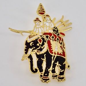 Vintage Gold Tone Colorful Enamel BRASS ELEPHANT PIN with Riders "C" Hook Clasp